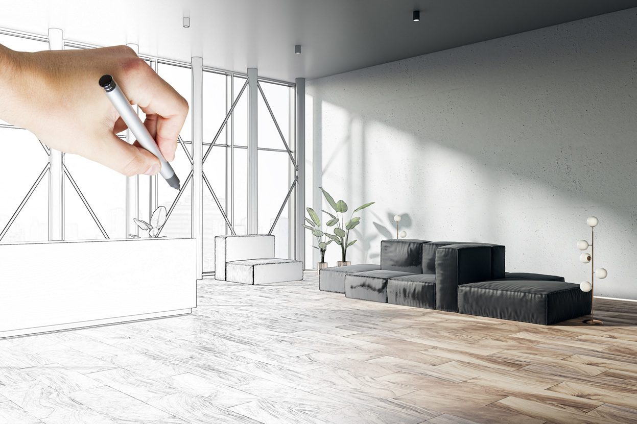 סקיצה אדריכלית המשלבת חלל מסחרי מעוצב כחלק מתהליך עיצוב חללי מסחר לרישיון עסקים